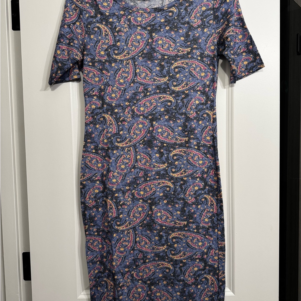 LuLaRoe Julia Legging Material Blue and Pink Black Paisley Mini Dress